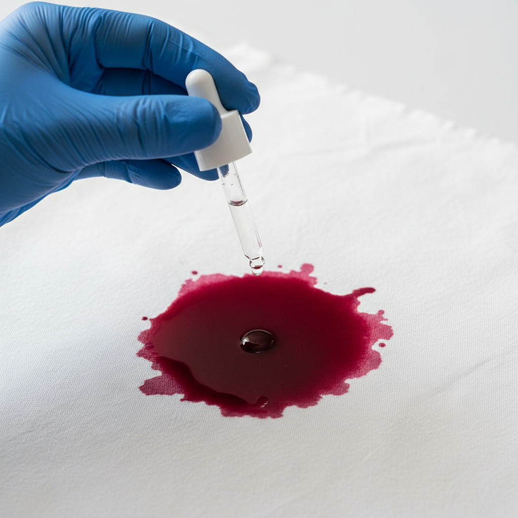 A high-quality, professional photo depicting a hand, wearing a blue protective glove, carefully dabbing a small amount of clear liquid (from a plain, unlabeled dropper bottle) onto a prominent red wine stain on a crisp white cotton tablecloth. The lighting is bright and even, highlighting the contrast between the deep red stain and the clean white fabric. The surrounding area of the tablecloth appears perfectly clean and bright, subtly conveying the desired outcome of stain removal through careful application.