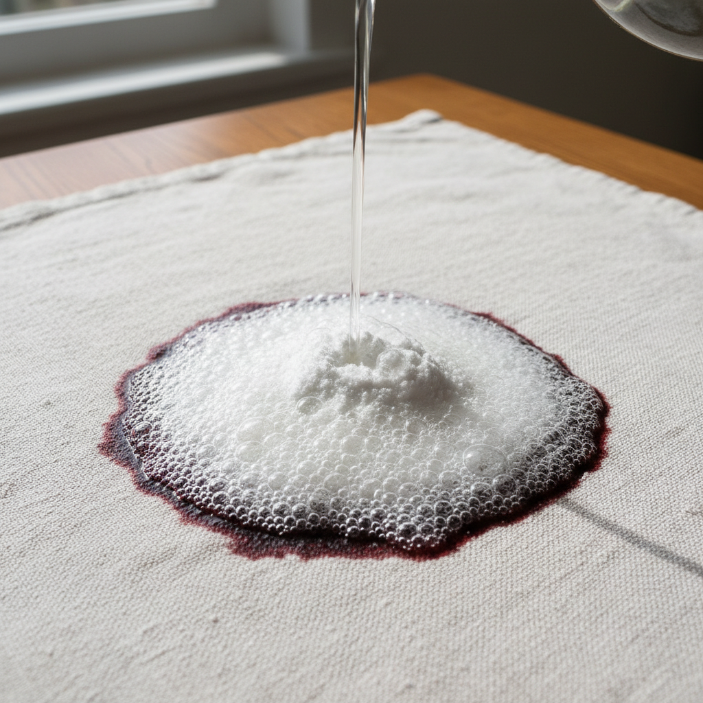 A close-up, dynamic professional photo of a stubborn, dark stain (e.g., coffee or red wine) on a light-colored, woven fabric surface, like a linen tablecloth. A small mound of white baking soda is directly on the stain. From just above, a stream of clear liquid (vinegar) is pouring onto the baking soda and stain, initiating a visible, fizzy, bubbling chemical reaction. The bubbles are actively working to lift and break down the stain, creating a sense of powerful, natural cleaning in progress. The background is softly blurred, focusing entirely on the action, with clean, natural lighting.
