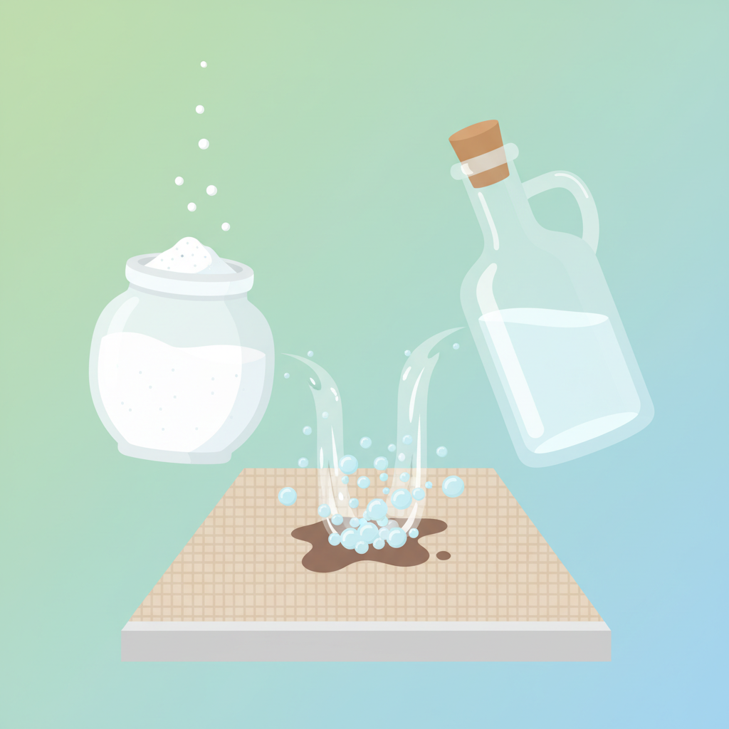A clean, modern flat illustration in an infographic style, depicting the two main cleaning agents and their effect. On the left, a stylized jar of white powder (representing baking soda) and on the right, a stylized bottle of clear liquid (representing vinegar). In the center, a generic piece of furniture fabric or a countertop with a simplified, dark 'stain' graphic. A subtle visual effect shows the 'essence' of baking soda and vinegar combining over the stain, where small, effervescent bubbles indicate a cleaning reaction. The overall color palette is fresh and inviting, emphasizing eco-friendliness.