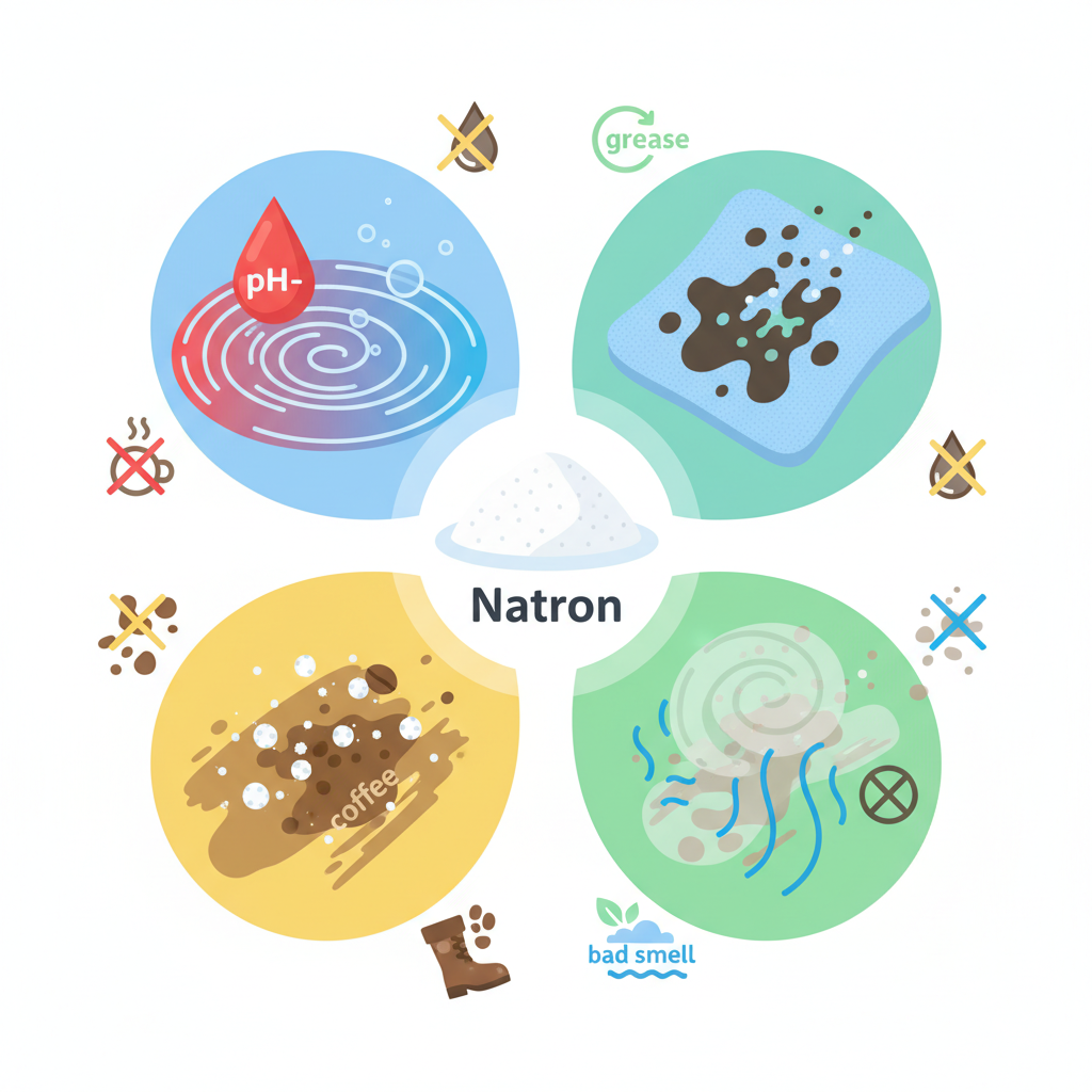 A vibrant, clean flat illustration or infographic-style image depicting baking soda (Natron) as a versatile cleaning agent. In the center, a stylized pile or container of white Natron powder. Around it, radiating elements illustrate its different actions: a drop of acidic red juice transforming into clean water; a greasy blob on fabric dissolving; tiny abrasive particles gently scrubbing a surface; and faint odor clouds vanishing. Show various stain types like coffee, grease, and mud being neutralized or absorbed, all rendered in a bright, optimistic color palette, suggesting effectiveness and cleanliness. The overall impression should be of a simple, natural solution for diverse household problems.