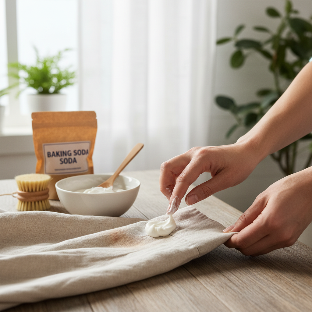 A professional, bright lifestyle photograph showing the practical application of Natron as a paste for stain removal on textiles. The scene features hands gently applying a thick, white Natron paste onto a visible, yet subtly rendered, stain on a light-colored fabric (e.g., a shirt sleeve or a corner of a beige carpet). A small bowl with the mixed paste and a spoon or brush are visible nearby, along with a container of baking soda in the background. The focus is on the action and the natural ingredients, conveying ease of use and effectiveness in a clean, well-lit home environment.