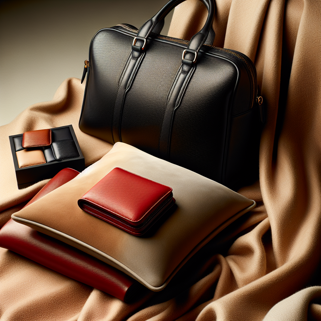 An elegant arrangement of various clean leather items: a pristine, glossy black leather handbag, a section of a soft, matte beige suede cushion, and a small, vibrant red smooth leather wallet. All items are impeccably clean and free of stains, highlighting their restored texture and high quality. Subtle, soft studio lighting. High-definition product photography.