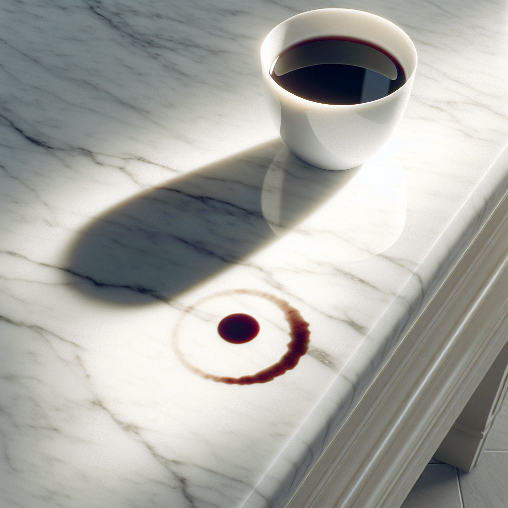 A close-up of an elegant, polished white marble surface with a subtle but noticeable dark stain, perhaps a coffee ring or a small splash of red wine. The scene should convey a sense of a common household accident on a beautiful material. Soft, natural lighting. High detail.