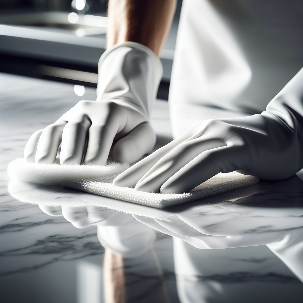 A pristine, gleaming marble countertop, sparkling clean and reflecting light beautifully. In the foreground, a pair of hands wearing white gloves gently wipes a small area with a soft, white microfibre cloth, emphasizing careful and gentle cleaning. Bright, clean aesthetic. Focus on cleanliness and care.