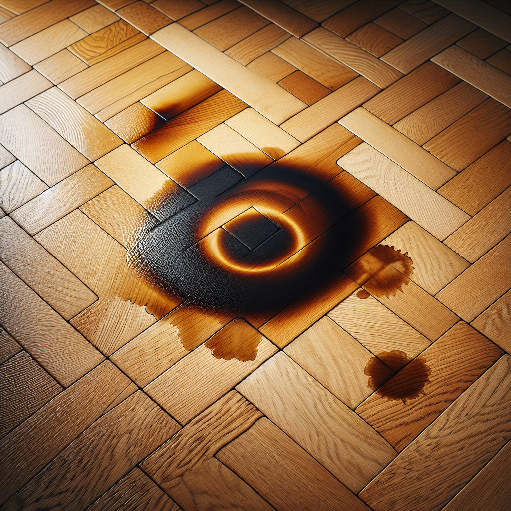 A close-up, high-angle, realistic photograph of a warm-toned parquet floor, marred by several common household stains. Clearly visible are a dark water ring, a greasy smudge, a deep, small pet urine stain, and a subtle ink mark. The wood grain is distinct, and the natural light emphasizes the contrast between the polished wood and the unsightly imperfections. The overall mood is one of a common household challenge, highlighting the need for cleaning.