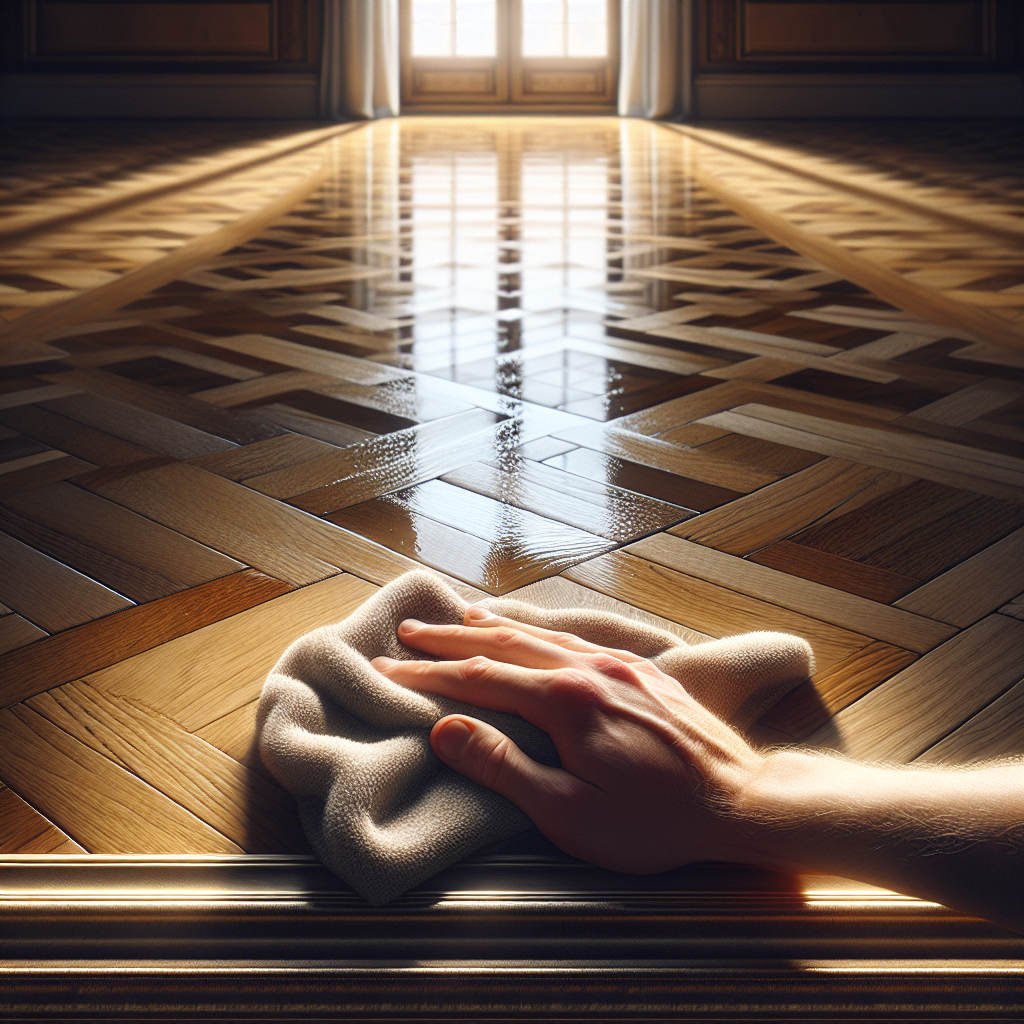 A beautifully restored, clean, and shiny parquet floor, illuminated by soft, natural light streaming in from a window. The wooden planks reflect light gently, showcasing their renewed warmth and pristine condition. In the foreground, a gentle hand, perhaps holding a soft, microfiber cloth, is just finishing polishing a small section, implying the act of care and successful stain removal. The background is slightly blurred, focusing on the floor's elegance and cleanliness. A sense of satisfaction and renewal.