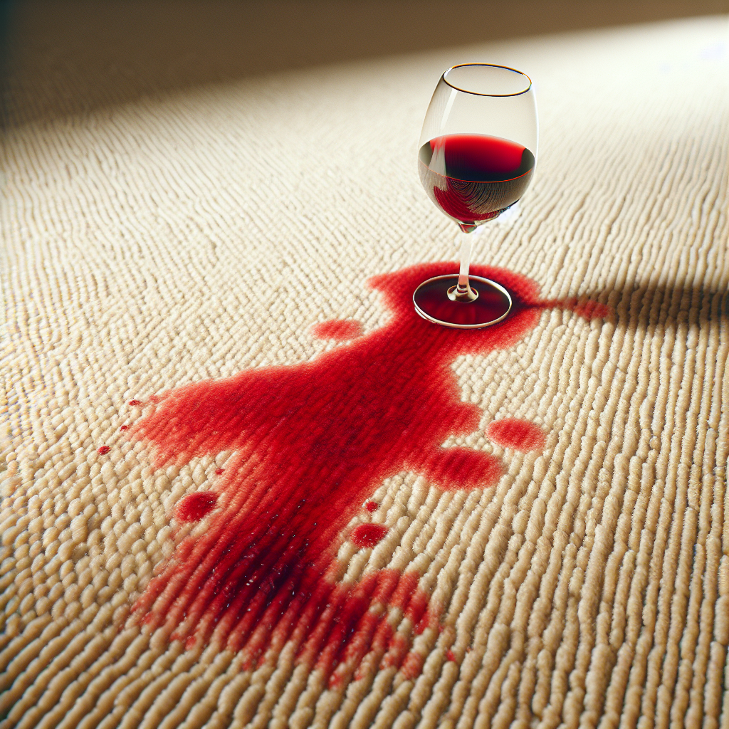 A close-up, realistic photograph of a fresh, vibrant red wine stain on a light beige, textured carpet. The stain is prominent and slightly spread, evoking a common household mishap. Natural ambient light, high detail.