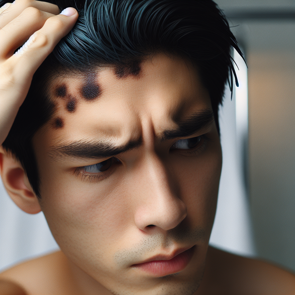 A close-up shot of a person's temple and forehead, showing distinct, dark hair dye stains on the skin. The person has a slightly frustrated but determined expression. Soft, natural lighting, with a blurred background suggesting a bathroom. Realistic photo style, high detail.