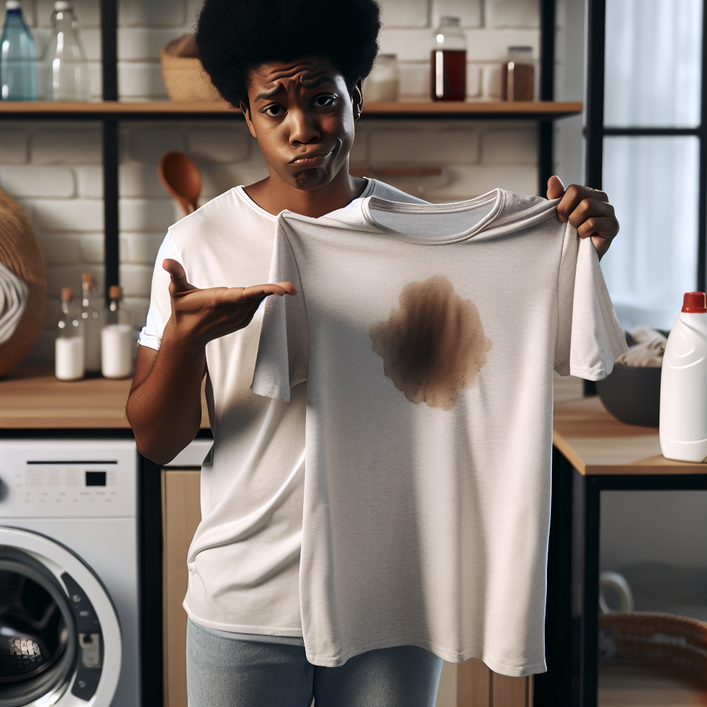 A slightly frustrated person in a well-lit laundry room, holding up a white t-shirt with a clearly visible, stubborn stain on it, having just removed it from a modern washing machine. In the soft-focus background, common household items like bottles of vinegar or baking soda are subtly placed on a shelf, hinting at home remedies. Realistic photography, natural light, warm and relatable atmosphere.