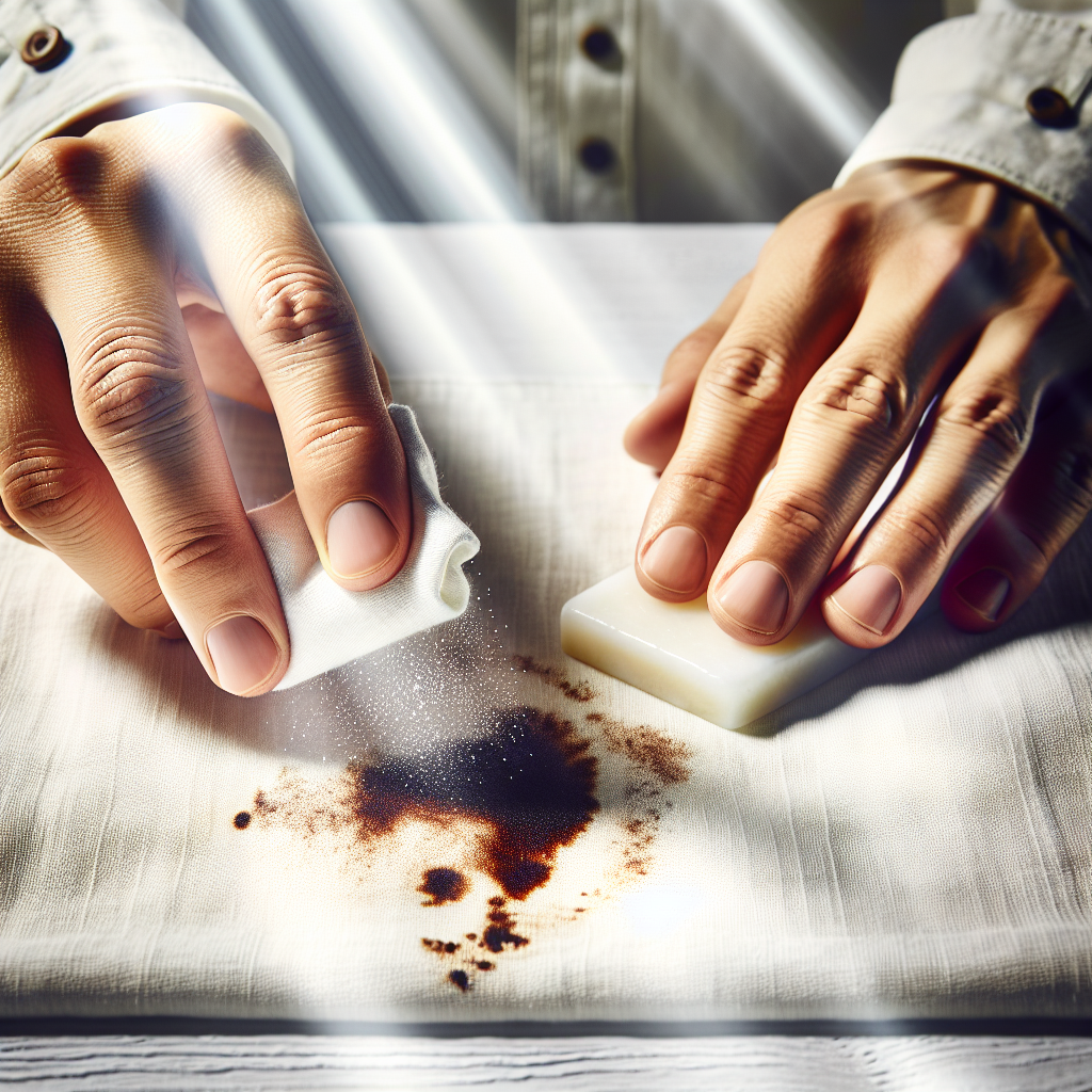 Close-up, detailed shot of hands gently pre-treating a stubborn stain on a light-colored fabric. One hand is applying a natural home remedy, such as a bar of gall soap or a paste of baking soda, directly onto the dark stain. The background is clean and simple, possibly a wooden countertop. Bright, high-key lighting, macro photography style emphasizing fabric texture and the action of treatment.