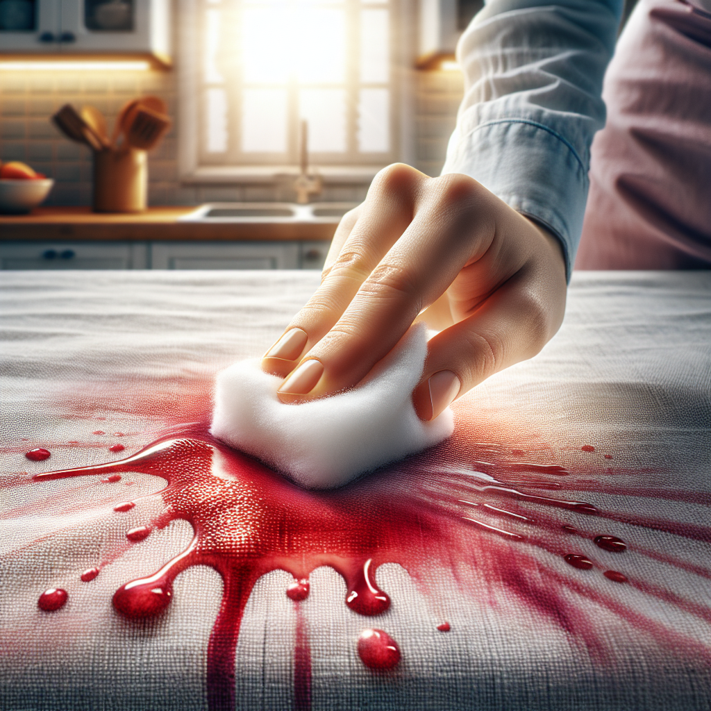A close-up, realistic photograph of a hand gently dabbing a white paste, resembling baking soda, onto a fresh, vibrant red wine stain on a light-colored kitchen counter or fabric. The background is softly blurred to keep focus on the cleaning action. Bright, clean lighting, emphasizing effective stain removal. Detailed textures of the fabric/counter and the paste are visible, photography style.