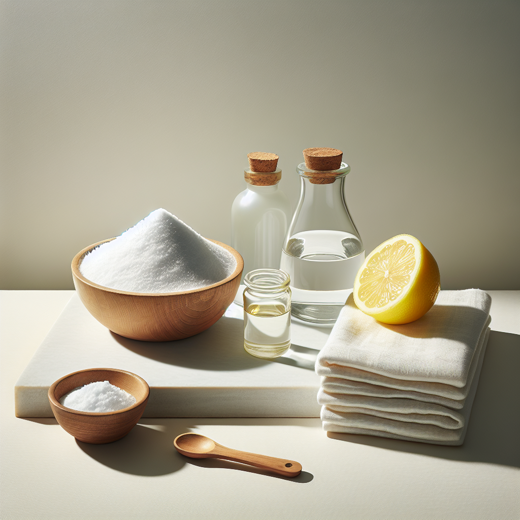 A bright, clean, and realistic flat lay photograph showcasing common natural cleaning items: a small wooden bowl filled with white baking soda, a glass bottle of clear vinegar, a freshly cut lemon, and a neatly folded white micro-fiber cloth. These items are artfully arranged on a minimalist, light-colored surface. Soft, natural daylight illuminates the scene, creating a sense of freshness and effectiveness, photography style.