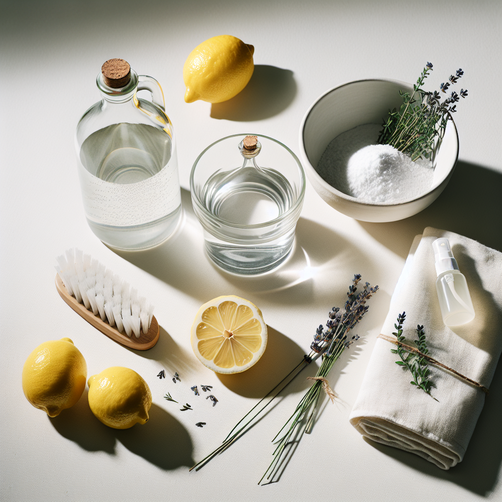 A minimalist and bright flat lay composition on a clean white surface, showcasing natural home cleaning ingredients: a bowl of baking soda, a bottle of white vinegar, fresh lemon halves, and a sprig of lavender for scent. Beside them, a clean reusable spray bottle and a soft, white cleaning cloth. The lighting is natural and airy, emphasizing freshness and effectiveness. High resolution, clean aesthetic.