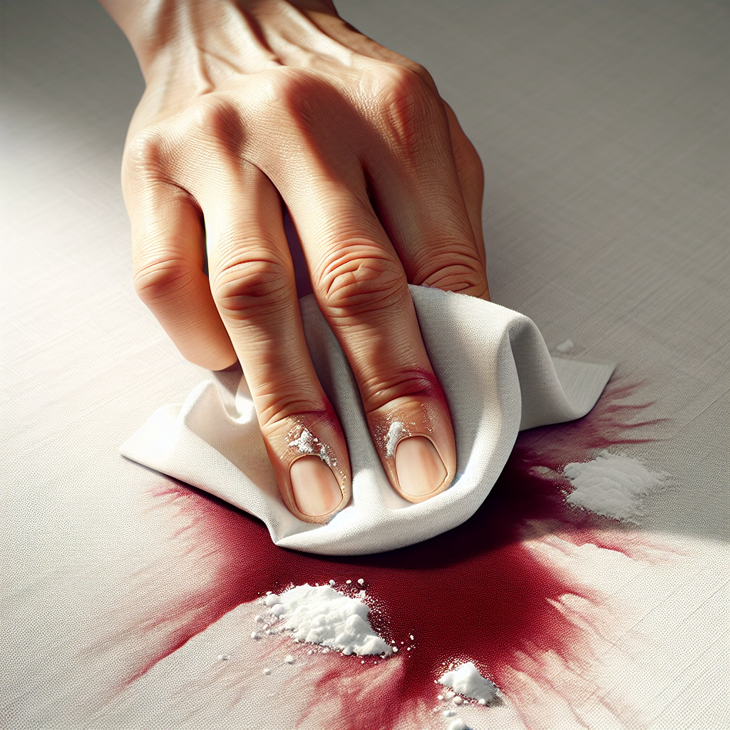 Close-up shot of hands gently dabbing a fresh red wine stain on a light-colored fabric (e.g., a white tablecloth) with a clean, folded cloth. A small amount of a white powdery substance (representing baking soda or salt) is sprinkled on the stain. The focus is on the action of quick and careful stain removal using a simple home remedy. Bright, clean lighting, realistic photography style.