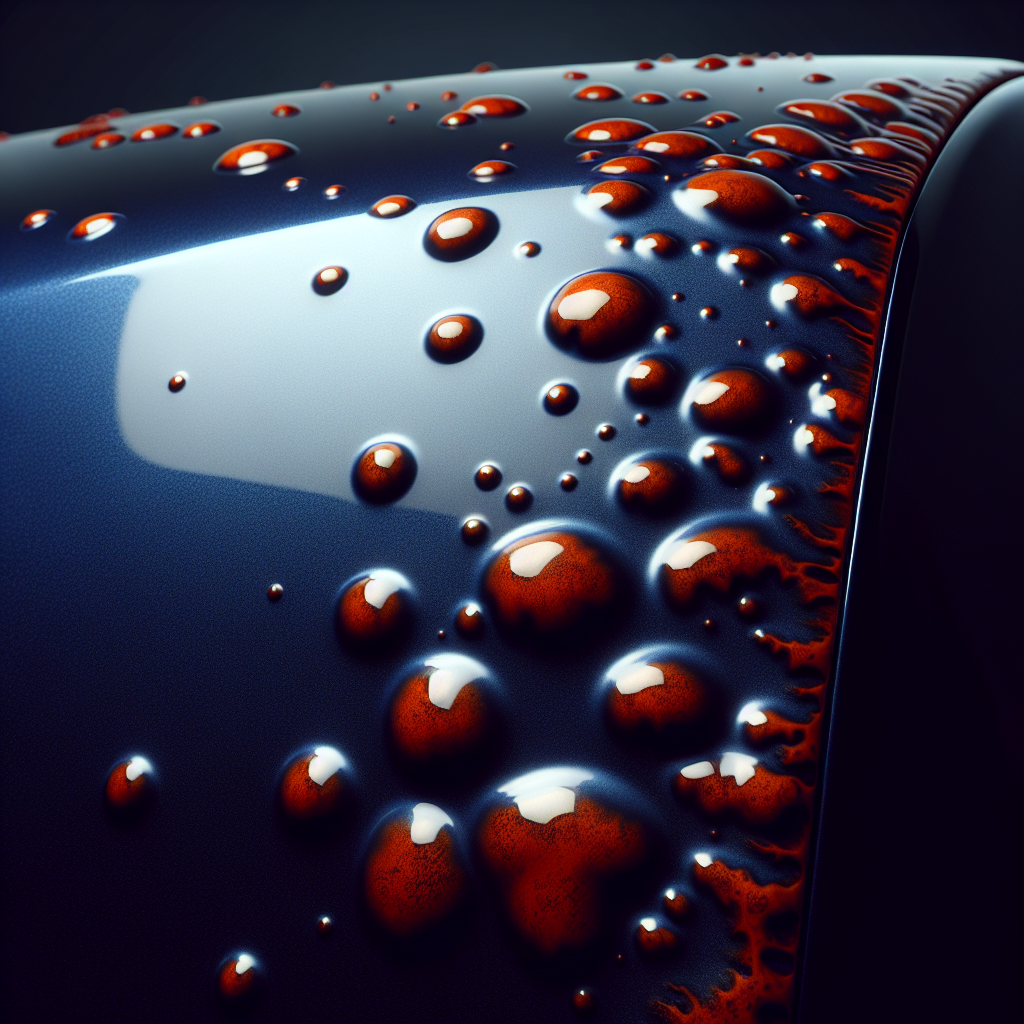 A close-up, high-detail shot of small, reddish-brown rust spots (Flugrost) scattered across a glossy, dark blue car fender. The spots are distinct but superficial, contrasting clearly with the clean paint. The image should evoke a sense of needing cleaning, realistic lighting.