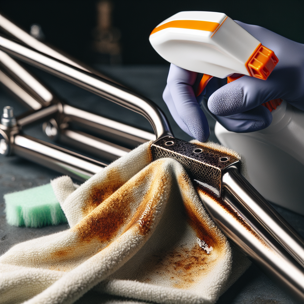 A hand in a cleaning glove gently wiping a small section of a bicycle frame, revealing a clean, shiny metallic surface underneath where Flugrost (superficial rust spots) was present. A spray bottle and a soft cloth are subtly visible in the background, implying the cleaning process. Bright, clean aesthetic.