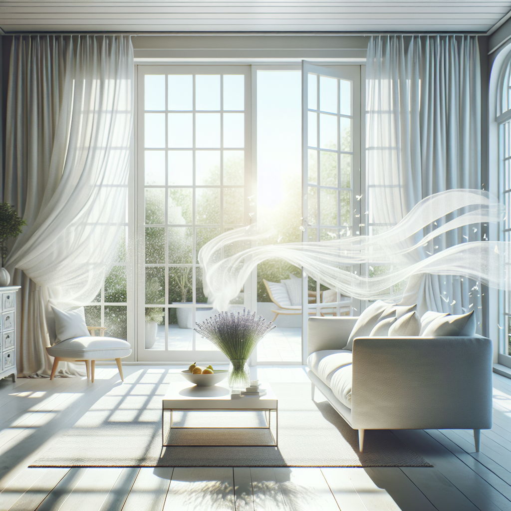 A bright and fresh living room in a modern home, with large windows thrown wide open. Sheer white curtains are billowing inward gently, signaling a strong, refreshing breeze. Sunlight pours into the room, illuminating dust motes dancing in the air, creating a sense of cleanliness and purity. A sprig of fresh lavender or a bowl of citrus fruits could be subtly placed on a clean table, symbolizing natural freshness. The room feels airy, light, and completely free of any lingering odors. High-key lighting, vibrant, clean aesthetic.