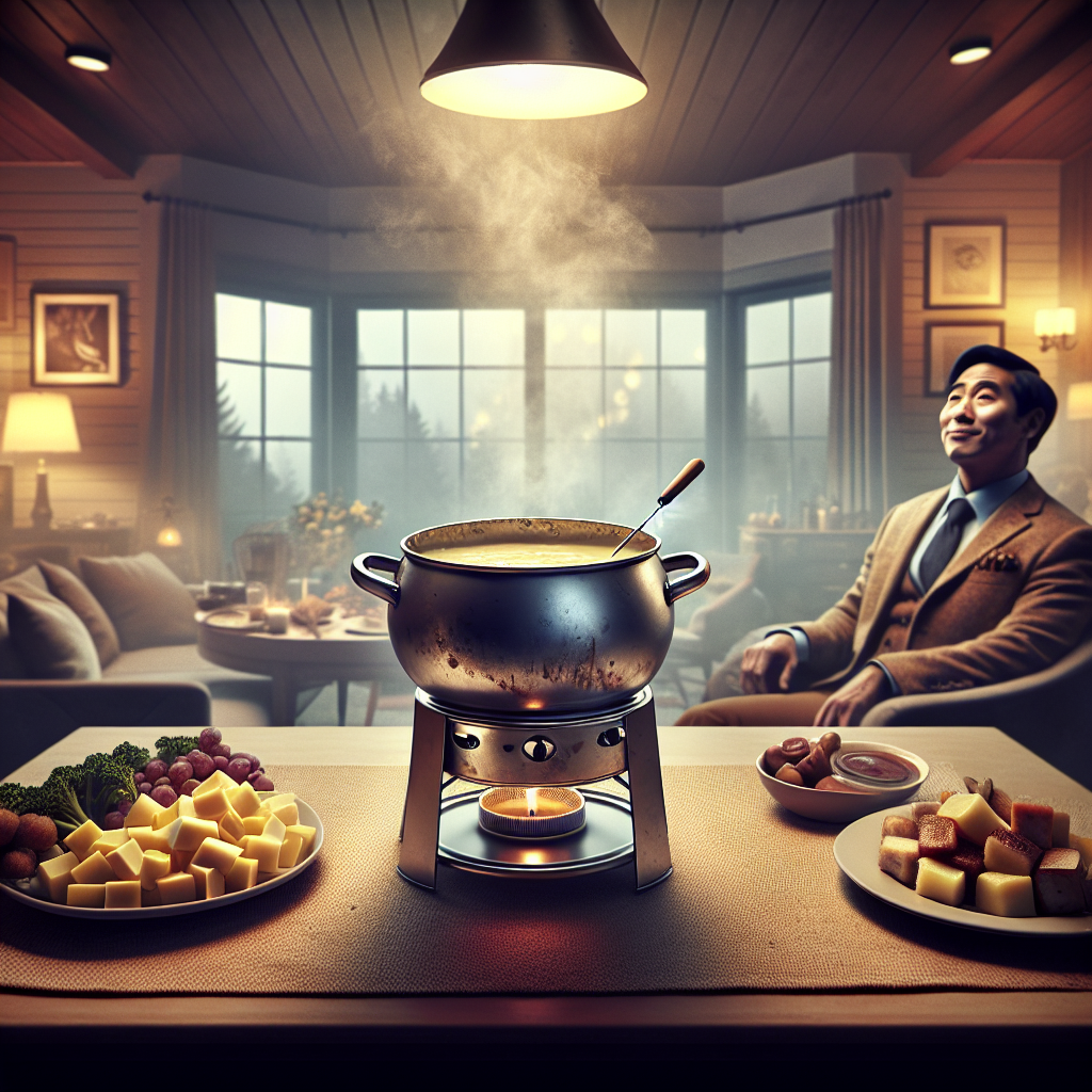 A cozy living room after a fondue party, with an empty, slightly greasy fondue pot on the table. The air appears visibly thick with a lingering, unpleasant odor, subtly hinted at by a slight haze or a person's slightly wrinkled nose in the background. The atmosphere is one of stale air and lingering smells, contrasted with the remnants of a once convivial evening. Realistic photo, muted and somewhat somber lighting, focus on conveying an uninviting scent.
