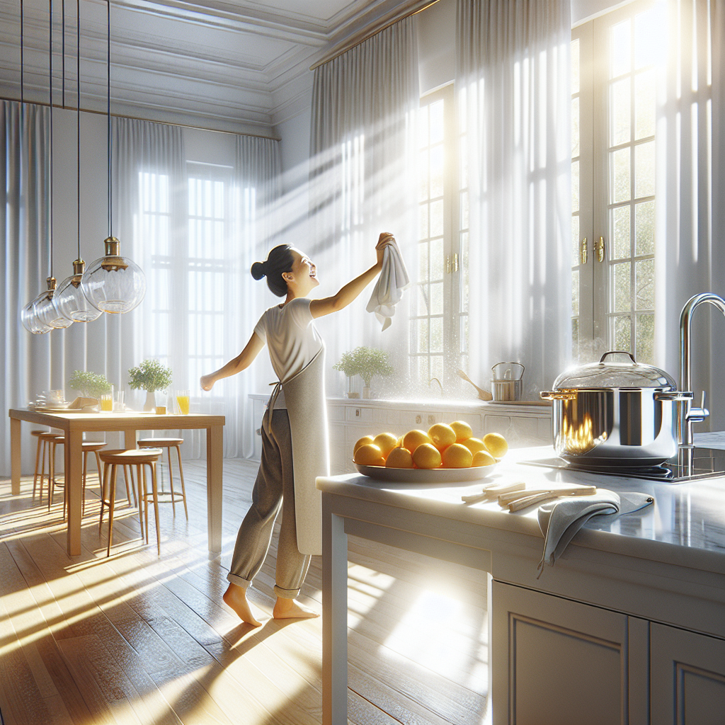 A spacious, bright kitchen or living room filled with natural sunlight streaming through wide-open windows. Fresh, clean air is visibly circulating, with white curtains gently billowing. A person is happily wiping down a surface or arranging fresh citrus fruits in a bowl, conveying a sense of renewal and cleanliness. A sparkling clean fondue pot rests in the background, symbolizing a successfully banished odor. Realistic photo, vibrant, clean, and optimistic lighting.