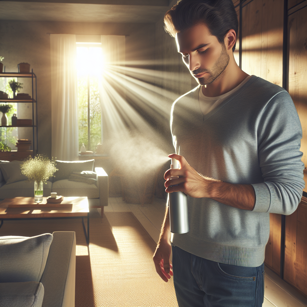 A bright, modern home interior – perhaps a living room or a kitchen – filled with incredibly fresh, clean air. Sunlight streams in, highlighting a subtle, invisible wave of freshness. A person is subtly holding a Freshwave-like spray bottle, with a gentle mist emanating. The scene radiates neutrality and natural cleanliness, implying effective odor neutralization in everyday spaces. No artificial scents, just pure, clean air. High-key, inviting atmosphere.