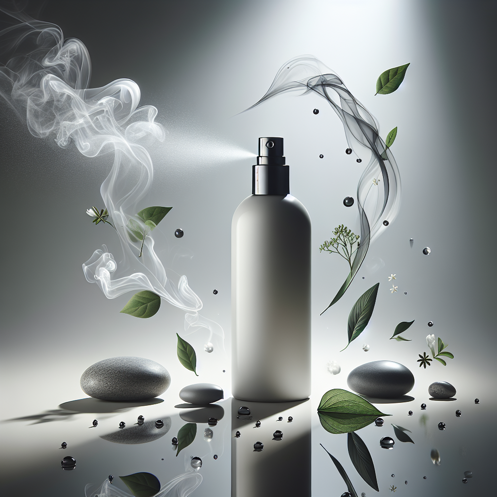 A close-up artistic shot of a sleek, minimalist Freshwave-like spray bottle. From the nozzle, a transparent, almost magical mist spreads, actively dissolving symbolic representations of various unpleasant odors (e.g., wisps of grey smoke, faint dark smudges) into nothingness. Surrounding the bottle are natural elements like water droplets, subtle green leaves, and smooth pebbles, emphasizing the product's natural composition. The background is soft and clean, suggesting purity and effectiveness. Dynamic light, ethereal effect.