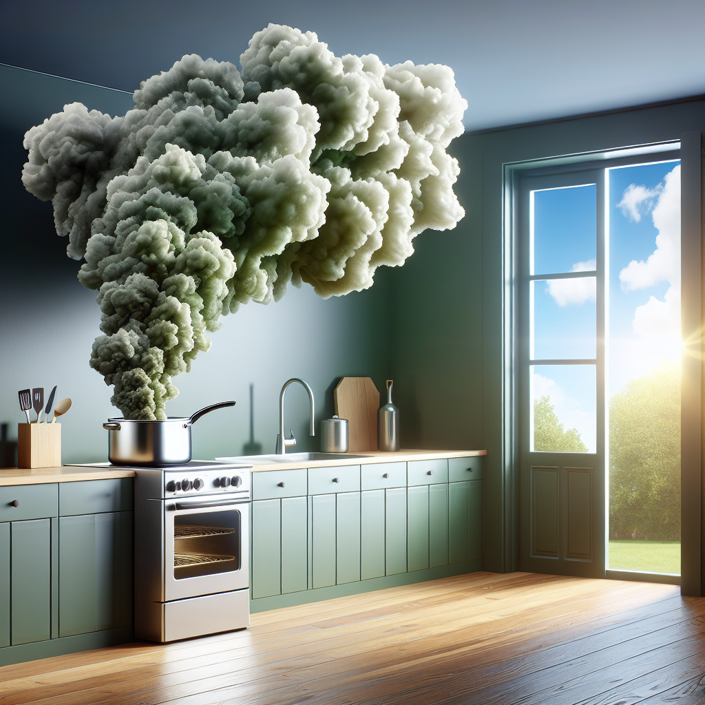 A modern, clean kitchen scene. In the foreground, a deep fryer is subtly emitting a stylized, slightly green or brownish odor cloud that visually wafts through the air, creating a feeling of staleness. In the background, a large, open window shows a bright, clear sky, symbolizing fresh air and cleanliness entering the room. The overall mood should be a contrast between the lingering unpleasantness and the promise of freshness. High quality, realistic photo.