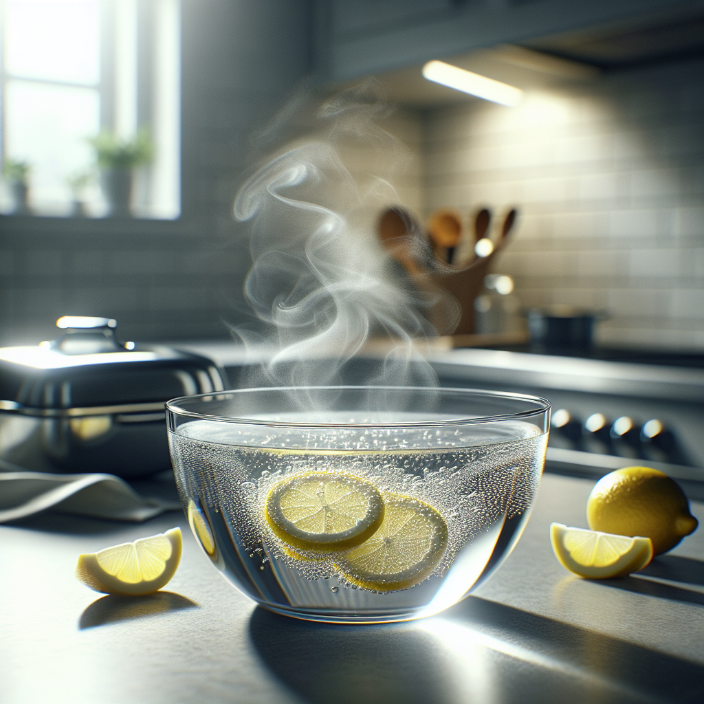 A close-up shot on a kitchen counter, showing a bowl of clear liquid (symbolizing vinegar water) with a few lemon slices floating in it. Soft, natural light streams in, highlighting a subtle, clean steam or mist rising from the bowl, visually representing odor neutralization. In the slightly blurred background, hints of a clean kitchen, perhaps a deep fryer put away or sparkling clean surfaces, reinforce the theme of freshness. Elegant, minimalist, high-quality photo.