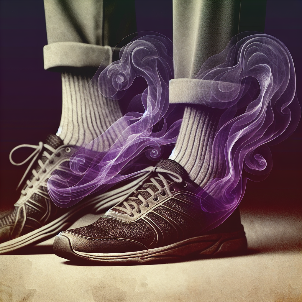 A subtle, artistic depiction of unpleasant foot odor. A pair of feet in slightly worn, closed athletic shoes, with a faint, almost transparent, dark gray or purple wavy cloud subtly rising from them, representing the smell. The background is a slightly dim, indoor setting like a locker room or entryway. The image should be clean, not gross, and convey the concept of stink without explicit visuals. Realistic photo, high quality.