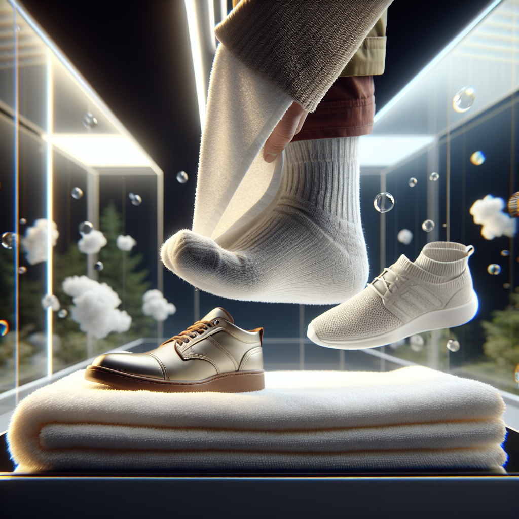 A close-up of clean, fresh feet being gently dried with a soft, white towel, in a bright and airy bathroom. In the soft-focus background, a pair of new, breathable light-colored leather sneakers and neatly folded clean cotton socks are visible. The scene evokes a feeling of freshness, comfort, and hygiene. Realistic photo, studio quality lighting.