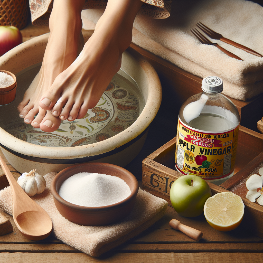 A serene and inviting close-up of human feet gently soaking in a foot bath in a rustic ceramic tub. Around the tub, natural elements like a small, labeled bottle of apple cider vinegar, a bowl with white powder (baking soda), and a soft, plush towel are artfully arranged. The setting is warm and domestic, with soft, natural lighting, suggesting a comforting home remedy for foot care. High detail, photorealistic.