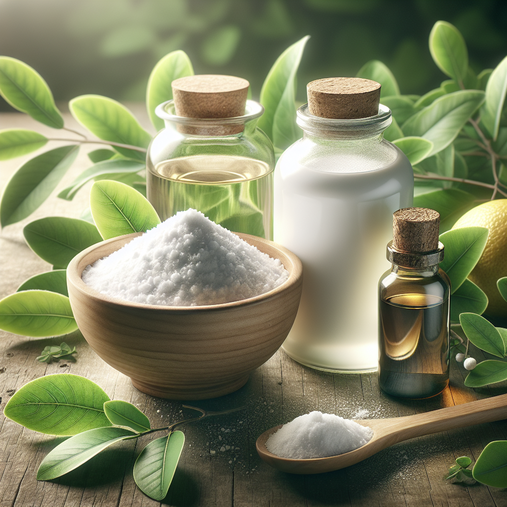 A beautifully composed still life featuring natural ingredients for foot care: a small bowl of white baking soda (Natron), a clear bottle of apple cider vinegar, and a small dark bottle of tea tree oil, elegantly arranged with fresh green leaves and a subtle, clean light on a rustic wooden surface. The scene evokes natural remedies and freshness, suitable for a blog about home solutions. High detail, natural light photography style.