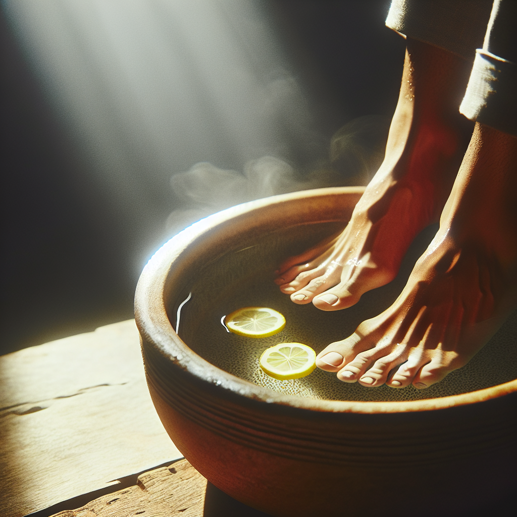 A close-up of clean, fresh bare feet soaking in a warm, inviting foot bath in a simple ceramic basin. The water gently reflects soft light, with subtle hints of steam or a single fresh lemon slice. The overall feeling is one of relaxation, comfort, and cleanliness, symbolizing relief from foot odor. Soft, natural lighting, high detail, realistic, with a focus on hygiene and well-being.