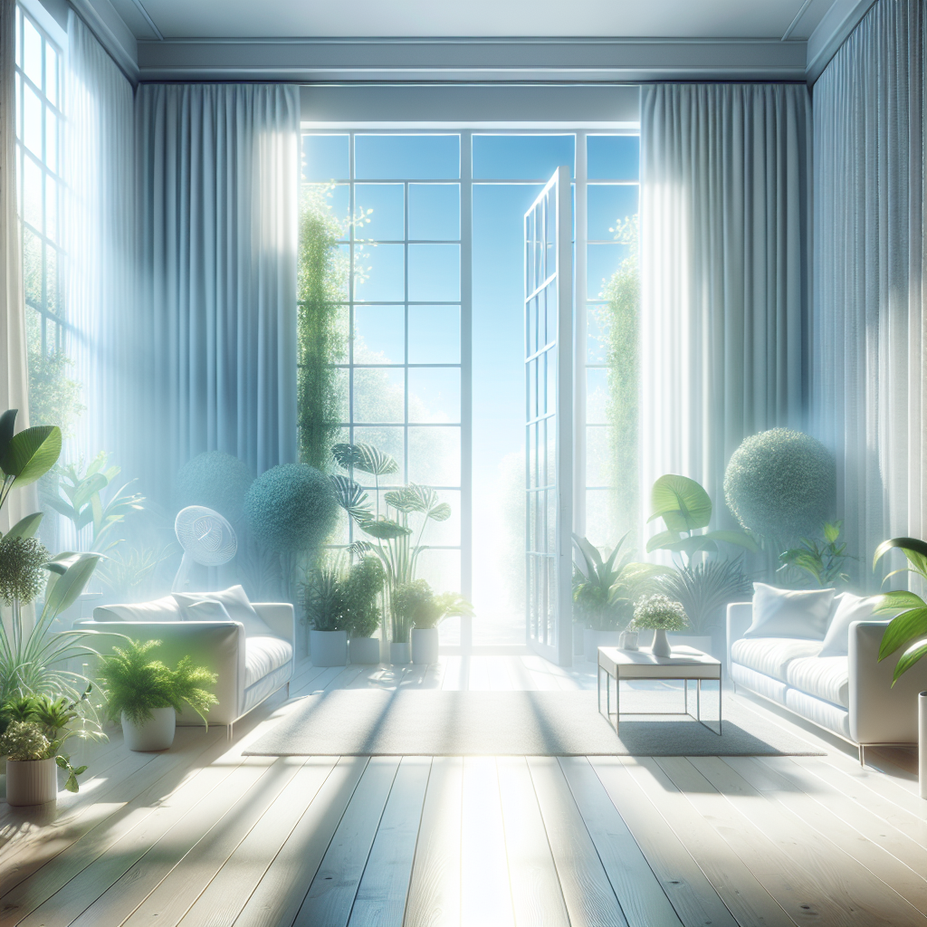 A beautifully clean and fresh living room bathed in bright sunlight, with large windows wide open to reveal a clear blue sky. Crisp, clean air is visibly circulating, perhaps with curtains gently billowing. There are lush green plants and comfortable, un-smoky furniture, conveying a strong sense of freshness, purity, and a smoke-free environment. Realistic, inviting, high-key lighting.