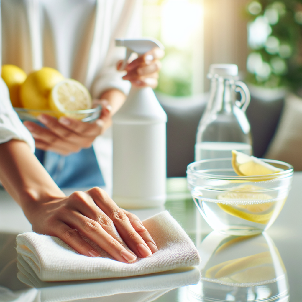 A bright, close-up shot of a hand gently wiping a clean, gleaming surface with a white cloth. A clear glass bowl with fresh lemon slices and and a bottle of white vinegar are visible on the side, highlighting natural cleaning solutions mentioned in the article. The background is softly blurred but suggests a pristine home environment. The image evokes a sense of freshness, purity, and effective cleaning.