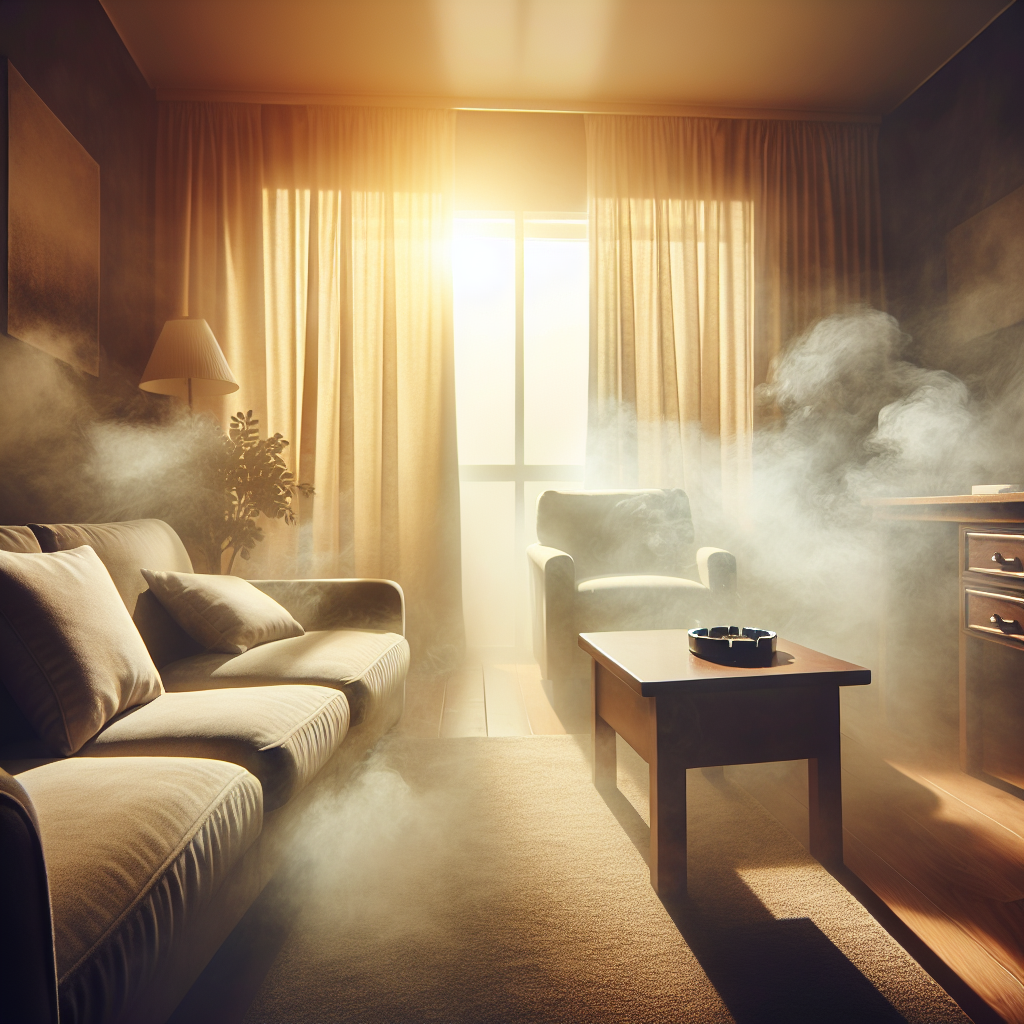 Ein gemütliches Wohnzimmer in einer Wohnung, in dem eine subtile, gelbliche Trübung und schwere Luft eine unangenehme, hartnäckige Nikotingeruchsfahne andeuten. Sonnenlicht versucht, in den Raum zu dringen, wirkt aber gedämpft und schafft eine leicht schmuddelige Atmosphäre. Die Vorhänge sind leicht vergilbt, und ein Aschenbecher auf dem Couchtisch deutet auf die Quelle des Geruchs hin. Der Gesamteindruck soll einen unangenehmen, anhaltenden Geruch vermitteln.