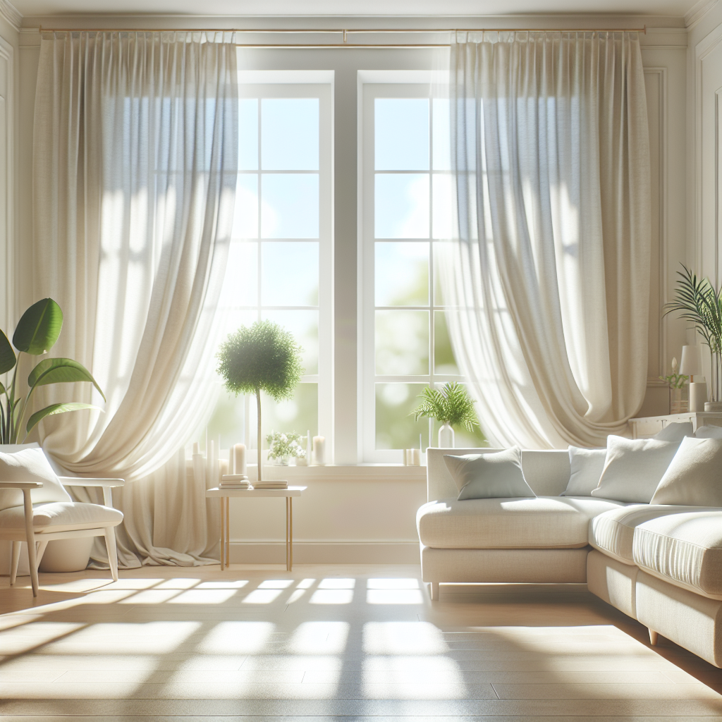 Ein helles, luftiges Wohnzimmer in einer Wohnung, das nach einer gründlichen Reinigung strahlt. Sonnenlicht strömt durch weit geöffnete Fenster, lässt leichte Vorhänge sanft wehen und symbolisiert frische Luftzirkulation. Der Raum wirkt makellos und lebendig, mit Zimmerpflanzen, die zur frischen Atmosphäre beitragen. Möbel und Oberflächen erscheinen sauber und einladend, mit einem subtilen Gefühl von Reinheit und erneuter Frische.
