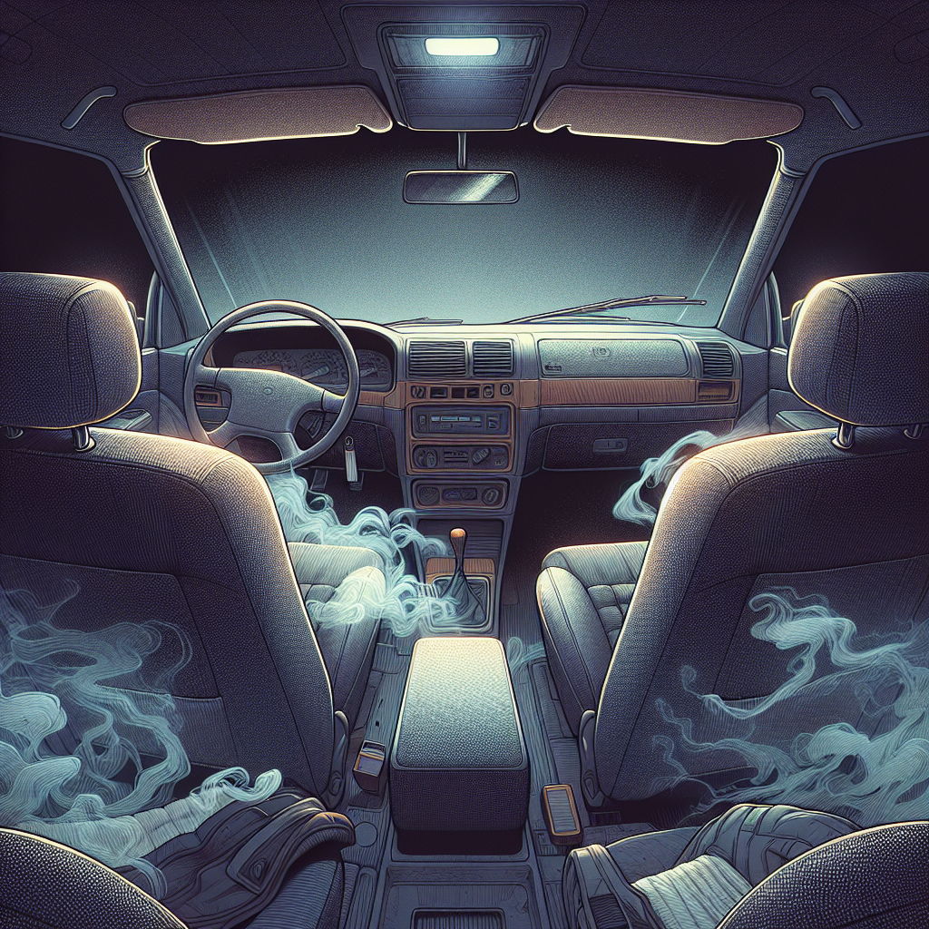 A dimly lit car interior, with a subtle, persistent haze of stale cigarette smoke visibly clinging to the fabric seats, dashboard, and ceiling. The atmosphere feels heavy and unpleasant, conveying a strong, embedded odor. Realistic, muted colors, no people.