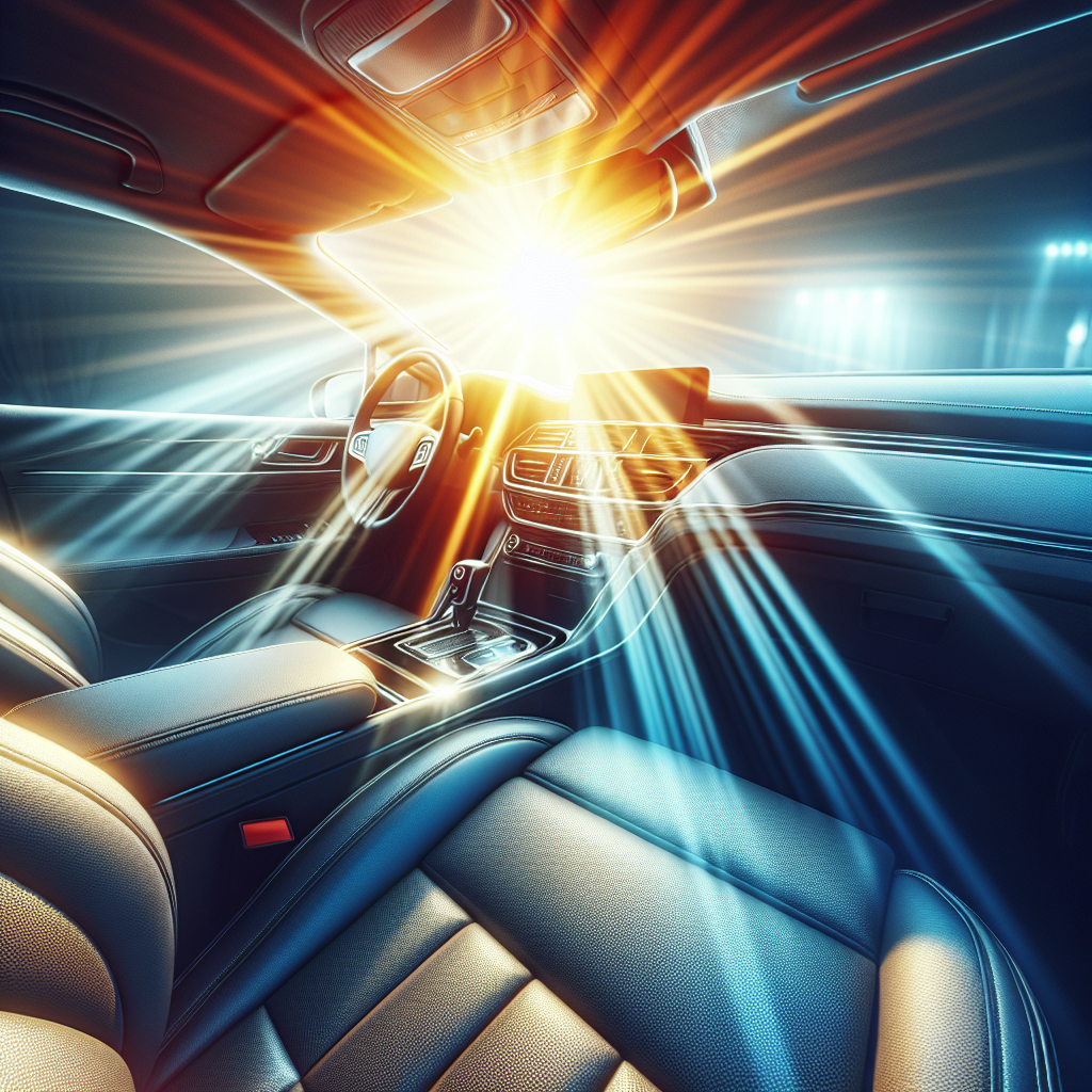 A sparkling clean and fresh car interior bathed in bright sunlight. The upholstery is pristine, the dashboard gleams, and the air looks clear and inviting, symbolizing the complete removal of odors. The atmosphere is airy, bright, and invigorating. Realistic, vibrant colors, no people.