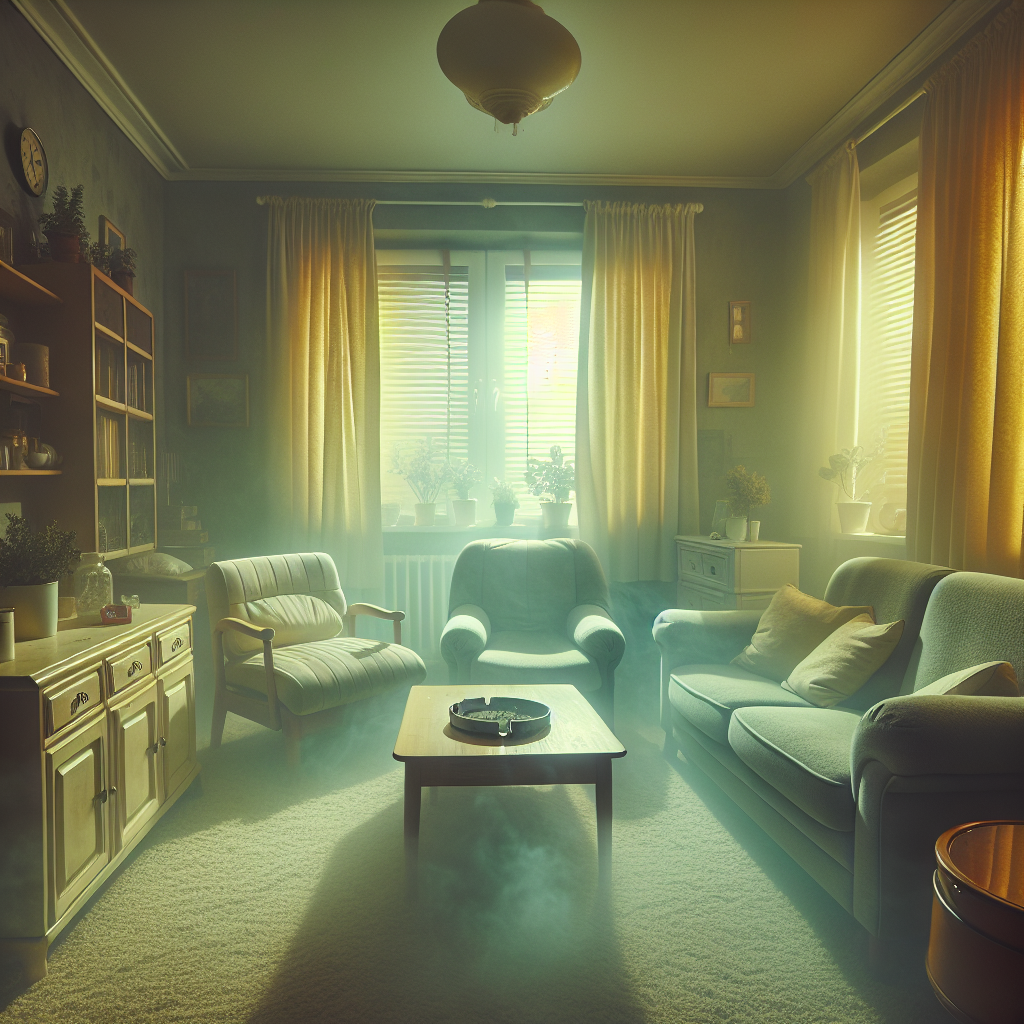 A cozy, somewhat dim living room with a pervasive, slightly yellowish-grey haze of stale cigarette smoke visibly clinging to the furniture, curtains, and the air itself, conveying a stubborn, unpleasant odor. The room feels heavy and lived-in but not fresh, with objects like an ashtray subtly visible.