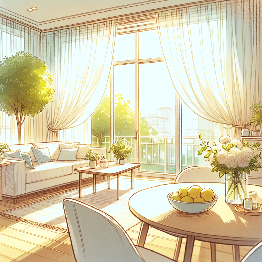 A bright, clean, and airy living room with large windows wide open, letting in abundant natural light and a gentle breeze. Curtains are subtly billowing. There's a clear sense of freshness and cleanliness, with no hint of smoke, perhaps a bowl of lemons or a green plant on a table, suggesting a renewed and inviting atmosphere.