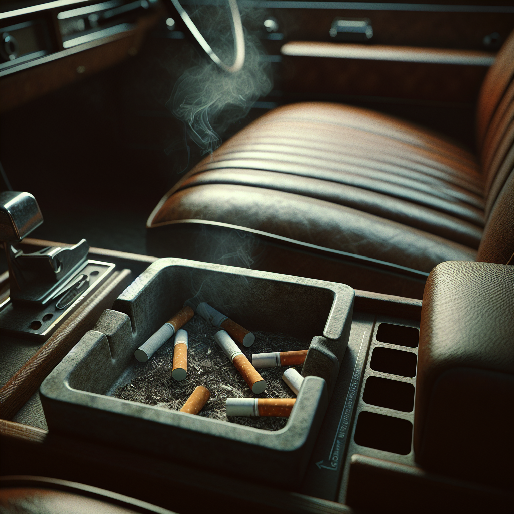 A close-up inside a car's interior, focusing on worn and slightly discolored upholstery and a subtle, lingering haze in the air, suggesting persistent cigarette smoke odor. An old, half-empty ashtray with a discarded cigarette butt is visible. The scene has a slightly desaturated and uninviting feel.
