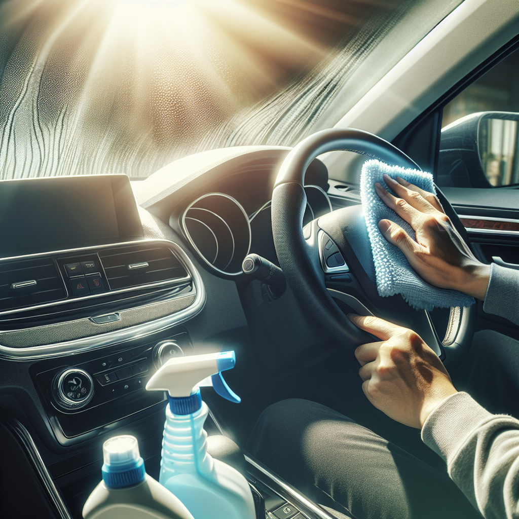 A bright, meticulously clean car interior, gleaming with freshness. Sunlight streams through the window, illuminating a spotless dashboard and steering wheel. A hand is actively wiping a surface with a microfiber cloth, with cleaning products neatly arranged in the background, conveying a sense of thorough cleaning and a fresh, inviting atmosphere.