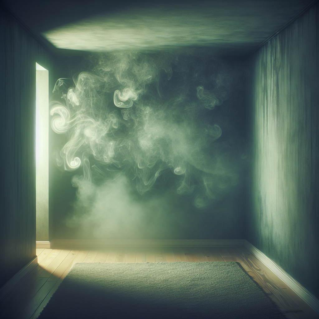 A visual representation of a musty, damp smell permeating a room. Imagine a subtle, oppressive greenish-gray haze or swirling vapor emanating from a hidden corner or a damp wall patch, creating an atmosphere that feels heavy and stale. The light should be dim, hinting at an unpleasant, lingering odor, with a minimalistic and slightly eerie mood.