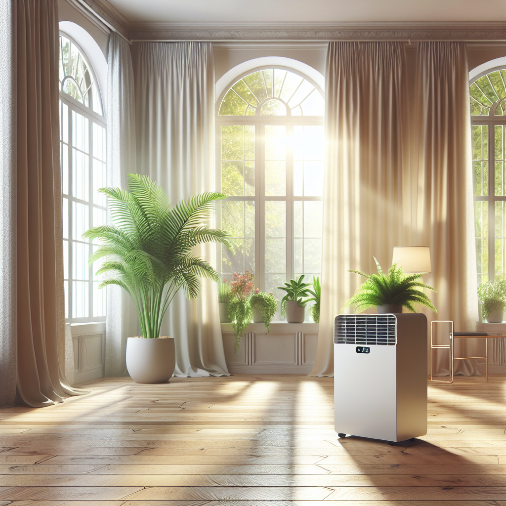 A bright, airy, and clean room with large windows wide open, letting in abundant natural sunlight and a gentle, fresh breeze that subtly moves light curtains. The air looks visibly pure and vibrant. A modern dehumidifier is subtly placed in the foreground, and a healthy green houseplant adds to the sense of freshness and well-being. The overall impression should be optimistic, clean, and invigorating.