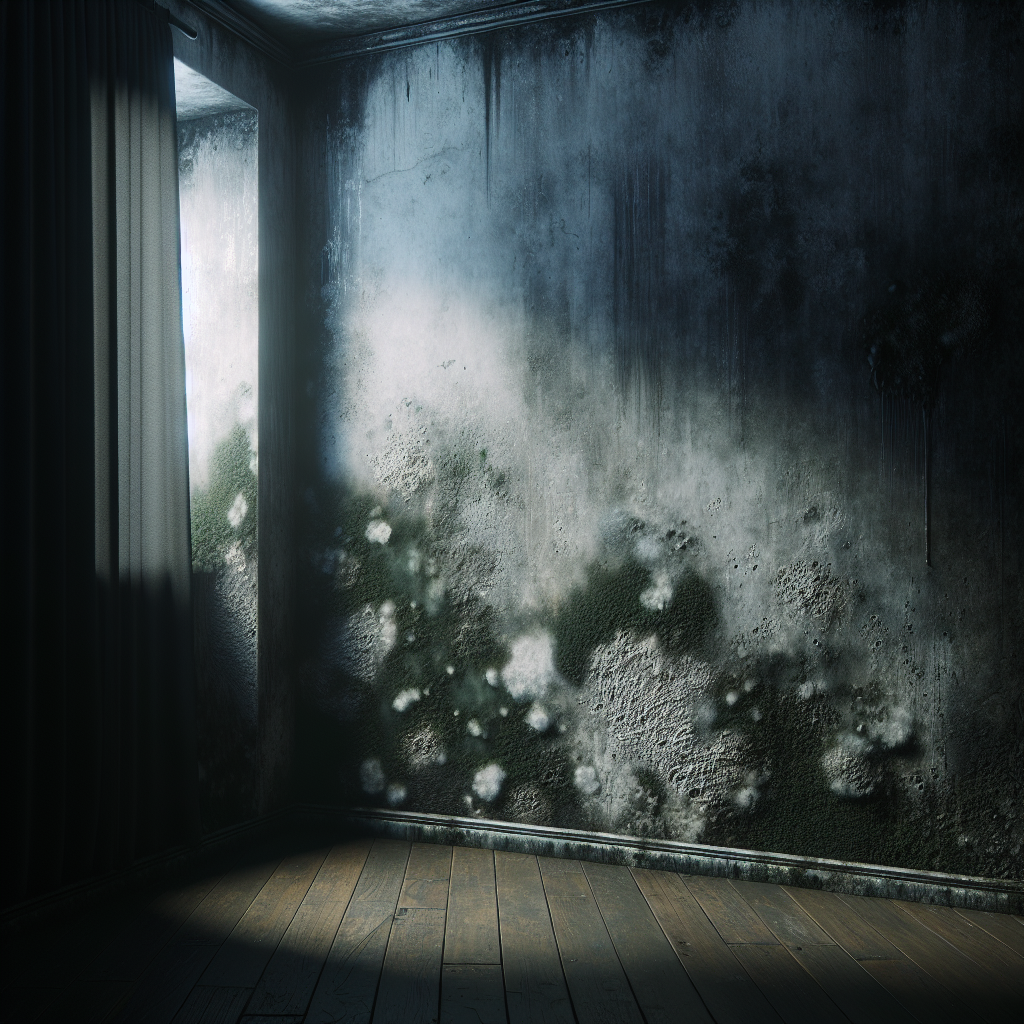 A dark, damp corner of a residential room, with subtle grey-green mold patches on the wall and a general musty, stale atmosphere. The scene evokes a sense of neglected dampness and an unpleasant smell. Realistic photography, moody lighting, unsettling.