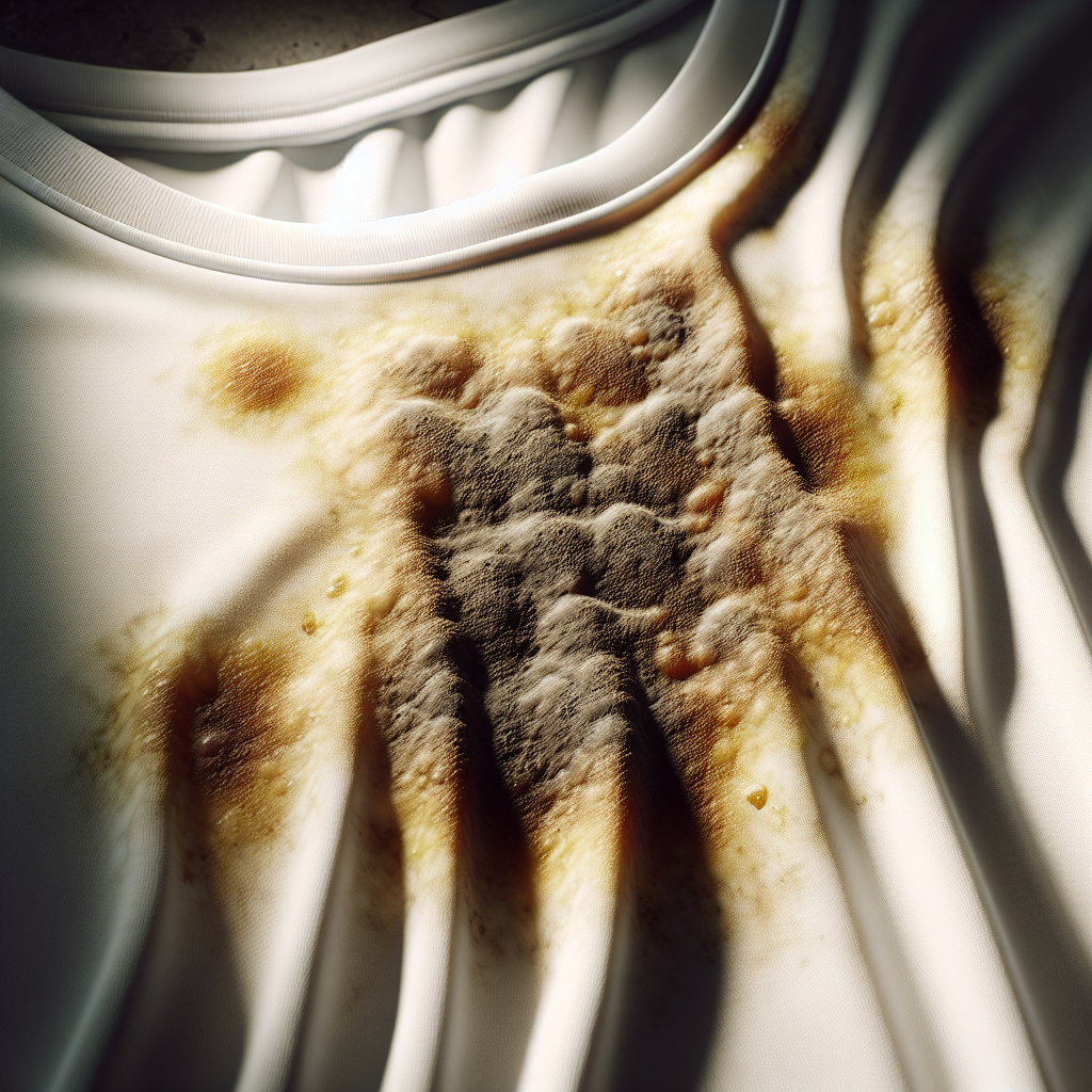 Close-up of a white, damp t-shirt with visible, irregular brownish-yellow mildew stains, lying in a slightly dark and humid corner, conveying a sense of neglect and the problem of Stockflecken. Realistic, focus on texture and detail of the stains, soft natural light.