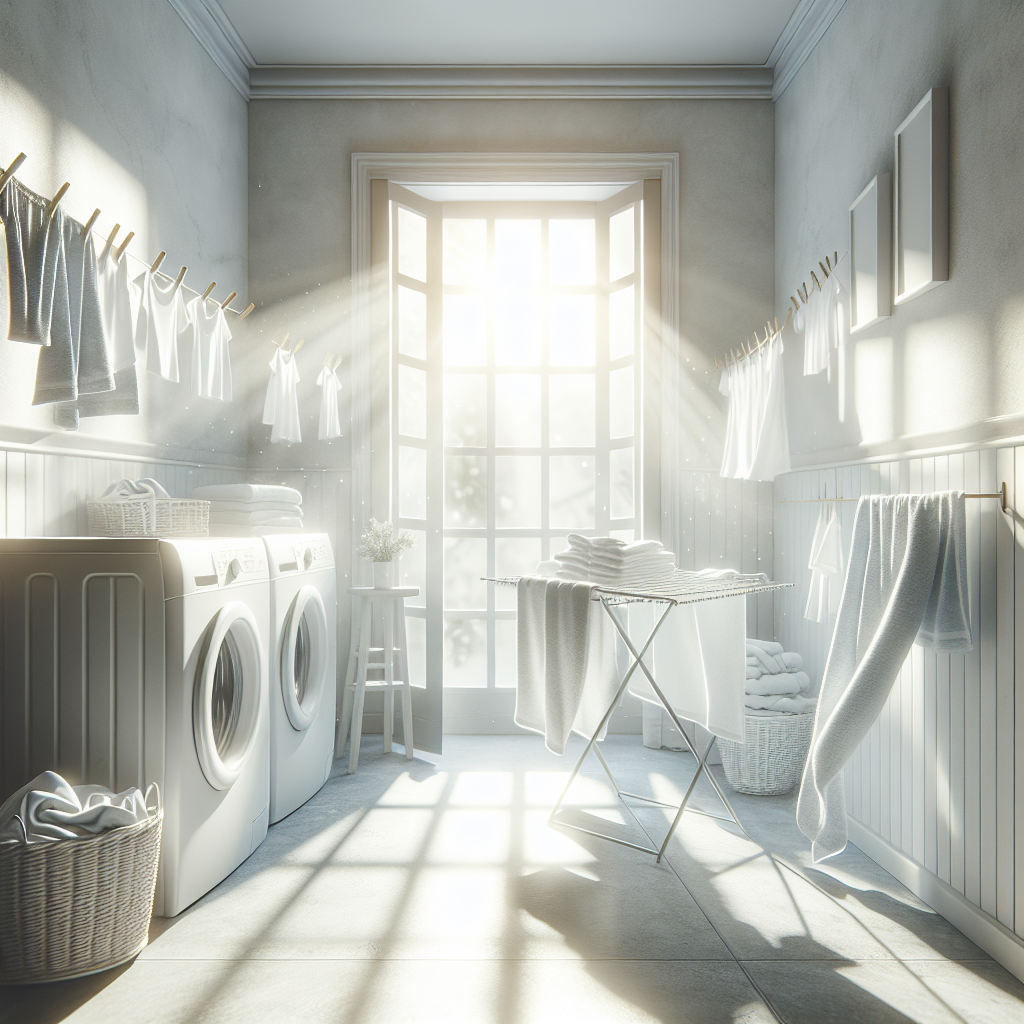 A clean, bright, and well-ventilated laundry room with a window open, sunlight streaming in. Freshly washed white towels and clothes are hanging neatly on a drying rack, swaying slightly in a gentle breeze. The scene evokes a feeling of freshness, cleanliness, and successful prevention of mildew stains. Optimistic, airy atmosphere.