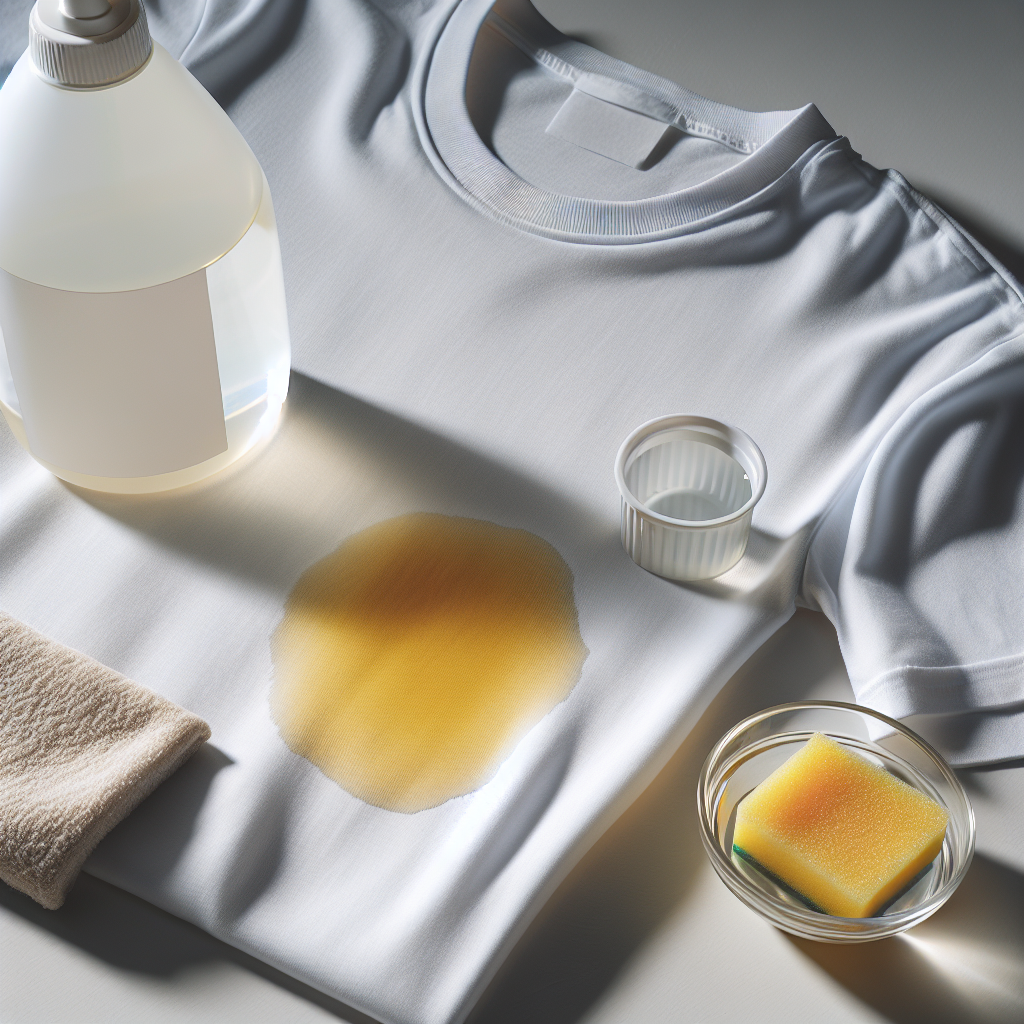 A close-up of a white t-shirt with a prominent yellow sweat stain under the armpit, placed on a clean, light-colored surface. Next to it, a clear bottle of white household vinegar and a small, partially filled bowl with a water-vinegar solution, possibly with a cleaning cloth or sponge. The lighting should be bright and natural, highlighting the stain and the cleaning items. Realistic photography style.