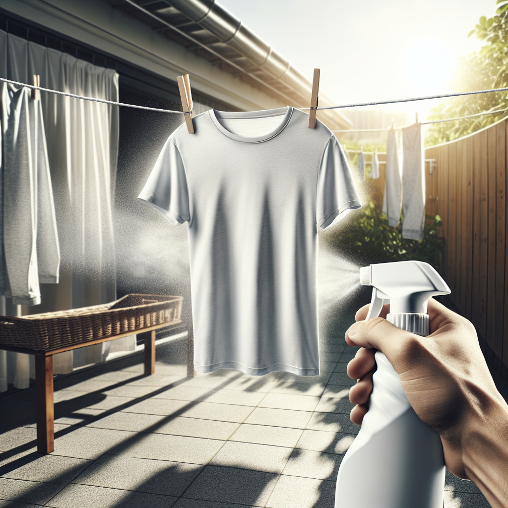 A crisp, clean white t-shirt, completely free of stains, hanging to dry in bright sunlight, gently swaying in a light breeze. In the soft-focus foreground, a hand holds a simple spray bottle or a bottle of white household vinegar, subtly hinting at the solution used. The overall mood is fresh, clean, and optimistic, set in a bright, airy environment like a laundry room or outdoors. Realistic photography style.