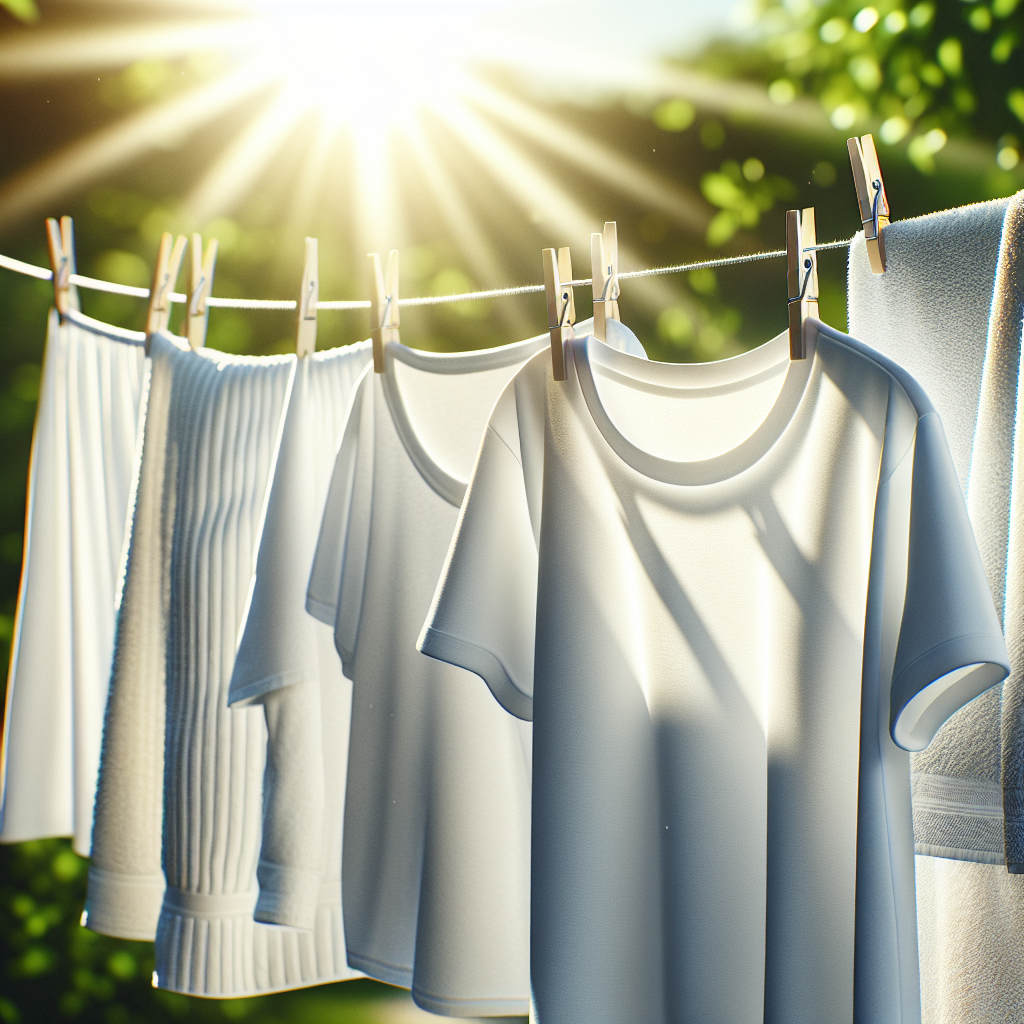 Frisch gewaschene weiße Baumwollkleidung, wie ein T-Shirt und ein Handtuch, hängen strahlend sauber und fleckenfrei auf einer Wäscheleine im hellen Sonnenlicht. Die UV-Strahlen der Sonne fallen sichtbar auf die Stoffe. Eine sanfte Brise weht, im Hintergrund sind unscharf grüne Bäume oder ein Garten zu sehen. Die Szene strahlt Sauberkeit, Frische und eine natürliche Desinfektion aus. Realistisch, idyllisch.